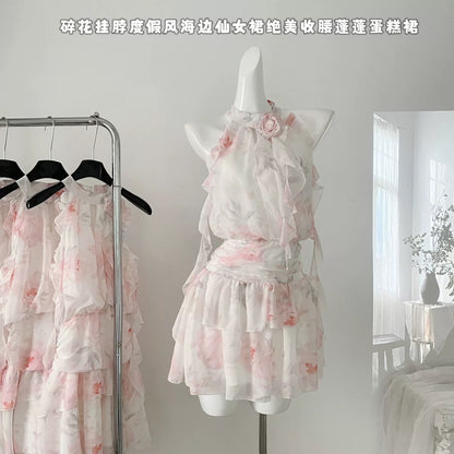 Youni Floral Halter Dress Women's Summer Resort Style Seaside Fairy Dress Beautiful Waist Puff Cake Dress