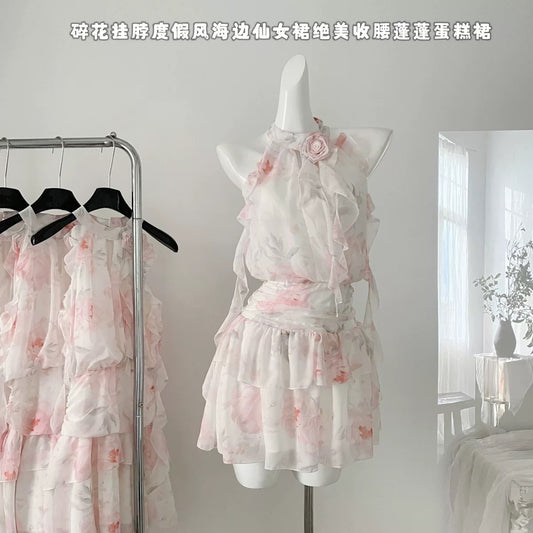 Youni Floral Halter Dress Women's Summer Resort Style Seaside Fairy Dress Beautiful Waist Puff Cake Dress