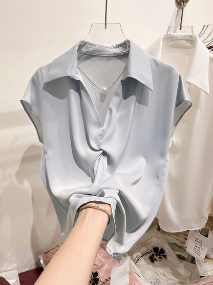 2024 new style temperament slim solid color lapel pleated pearl chain pullover short-sleeved chiffon shirt female summer