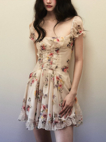1P STUDIO "Romantic Mountain Flowers" watercolor print large square collar dress female spring tie drawstring lace short skirt