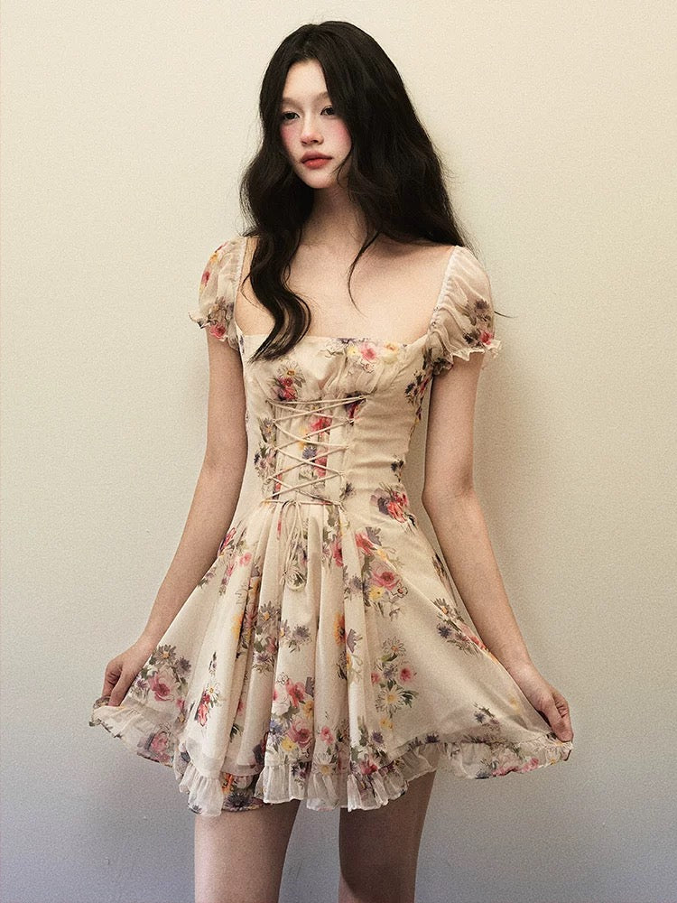 1P STUDIO "Romantic Mountain Flowers" watercolor print large square collar dress female spring tie drawstring lace short skirt