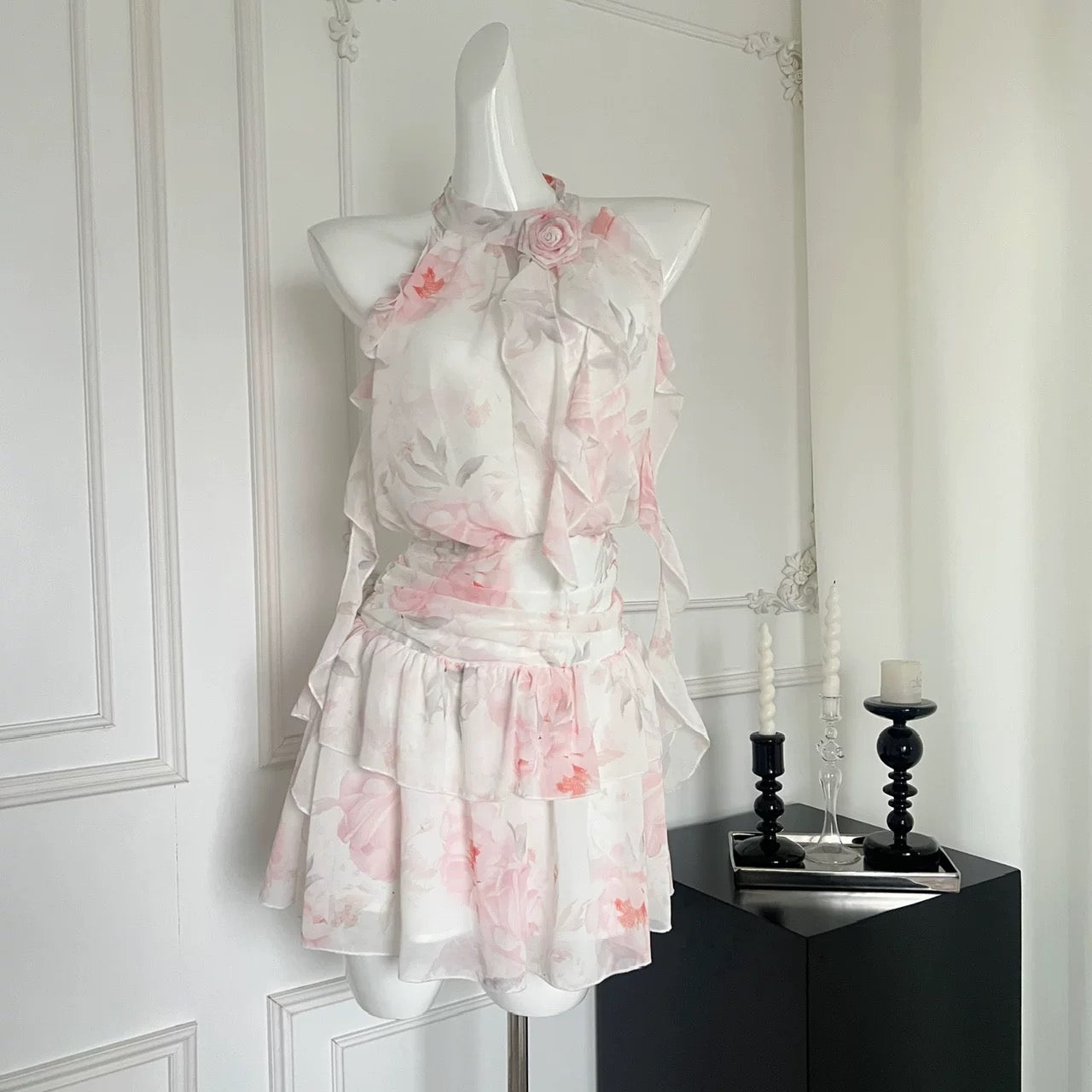 Youni Floral Halter Dress Women's Summer Resort Style Seaside Fairy Dress Beautiful Waist Puff Cake Dress