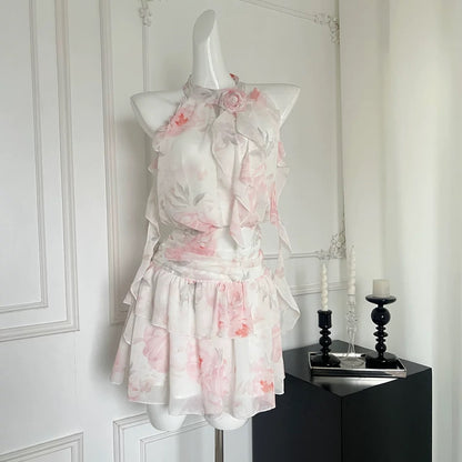 Youni Floral Halter Dress Women's Summer Resort Style Seaside Fairy Dress Beautiful Waist Puff Cake Dress