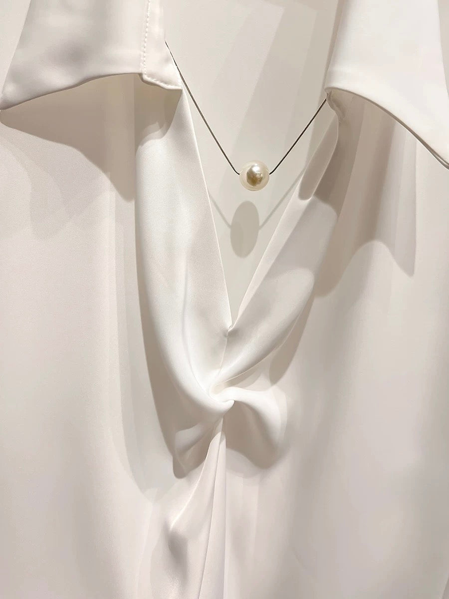 2024 new style temperament slim solid color lapel pleated pearl chain pullover short-sleeved chiffon shirt female summer