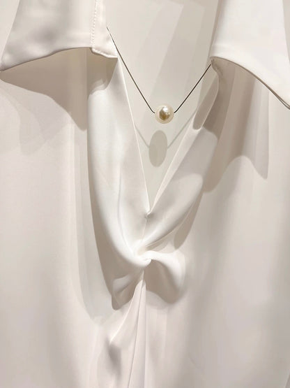 2024 new style temperament slim solid color lapel pleated pearl chain pullover short-sleeved chiffon shirt female summer