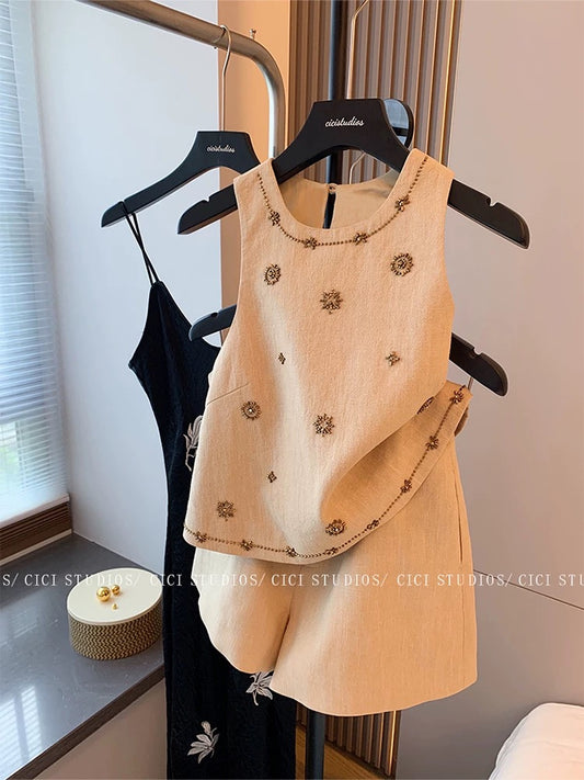 French heavy beaded vest suit for women summer 2025 new style old money style fashionable slim shorts two-piece suit