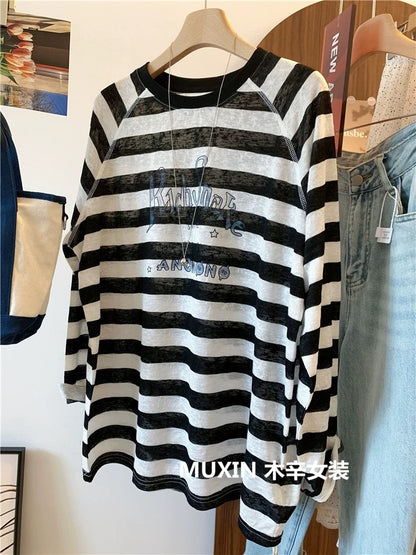 Colorful striped lightweight summer loose long-sleeved women's sun protection top Korean style fresh and fashionable T-shirt