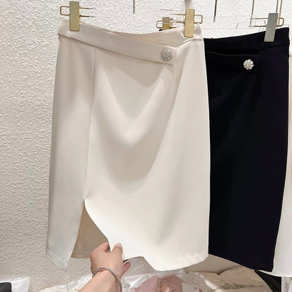 2023 new Korean style slim one-button diamond waist stitching hem slit high waist suit skirt