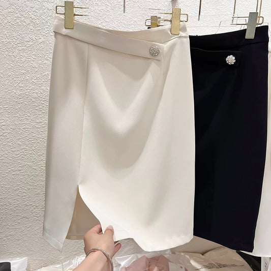 2023 new Korean style slim one-button diamond waist stitching hem slit high waist suit skirt