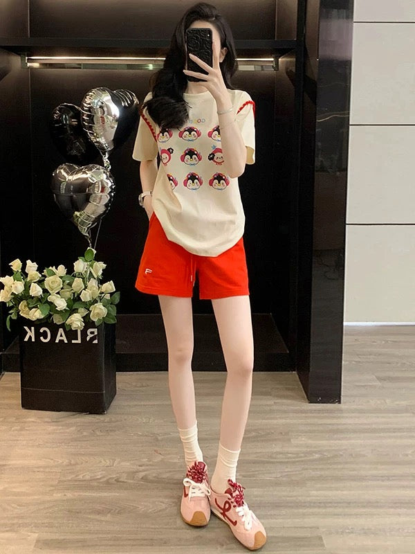 Fashionable and age-reducing casual sports suit for women 2025 summer lively and cute short-sleeved T-shirt red shorts two-piece suit