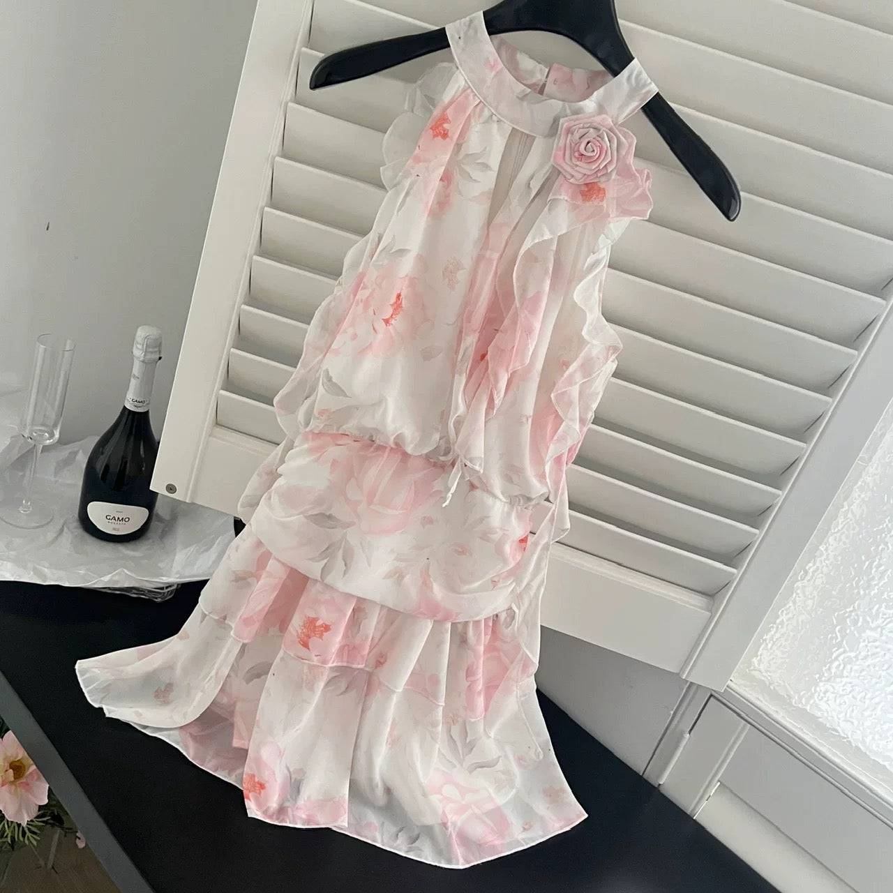 Youni Floral Halter Dress Women's Summer Resort Style Seaside Fairy Dress Beautiful Waist Puff Cake Dress