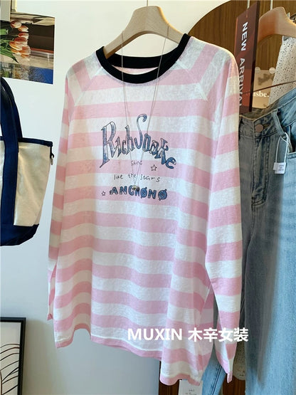 Colorful striped lightweight summer loose long-sleeved women's sun protection top Korean style fresh and fashionable T-shirt