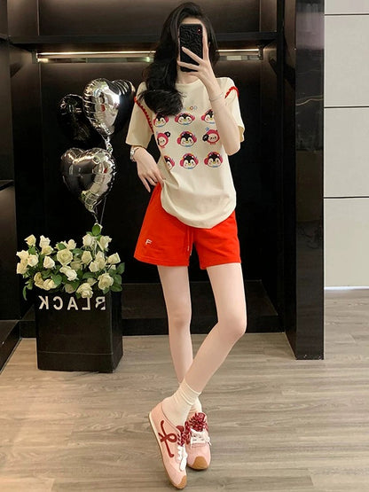 Fashionable and age-reducing casual sports suit for women 2025 summer lively and cute short-sleeved T-shirt red shorts two-piece suit