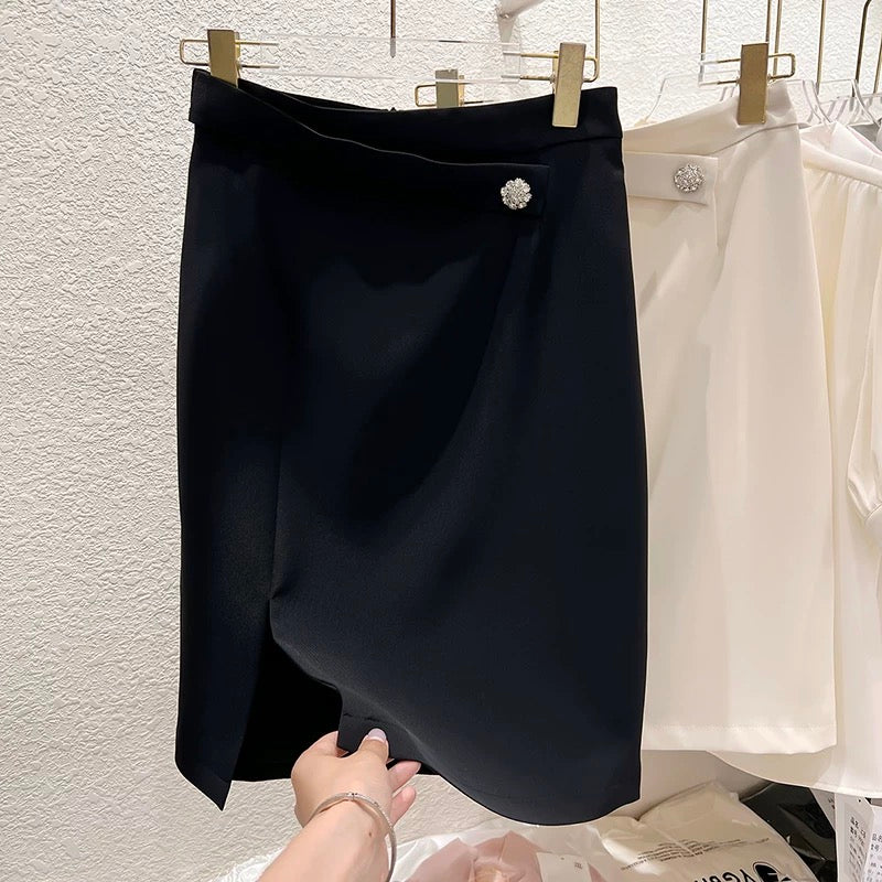 2023 new Korean style slim one-button diamond waist stitching hem slit high waist suit skirt