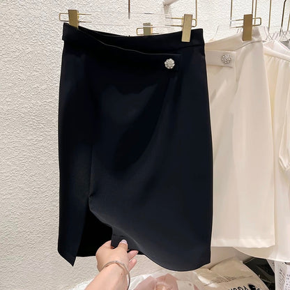 2023 new Korean style slim one-button diamond waist stitching hem slit high waist suit skirt