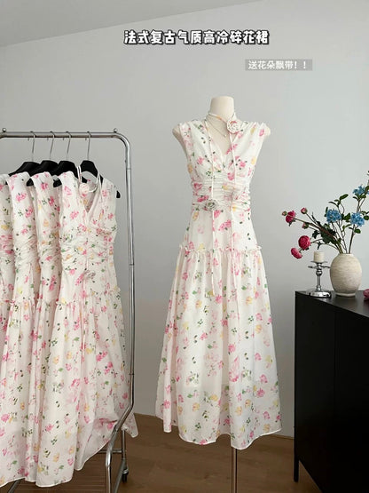 Youni French retro temperament, cool lady style niche design dress flower belt 2024 summer