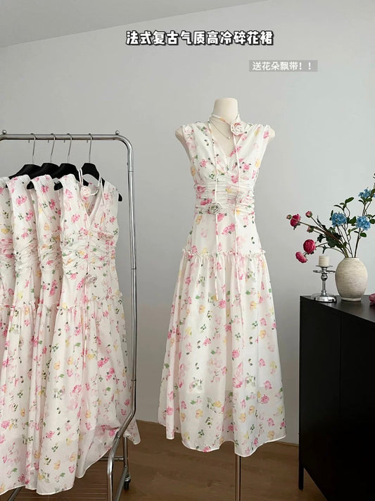 Youni French retro temperament, cool lady style niche design dress flower belt 2024 summer