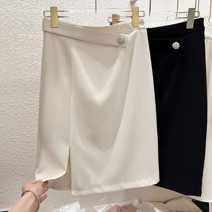 2023 new Korean style slim one-button diamond waist stitching hem slit high waist suit skirt