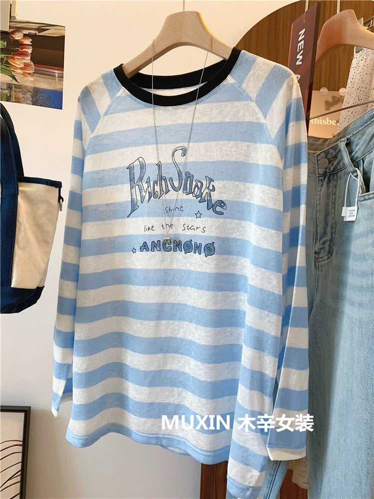 Colorful striped lightweight summer loose long-sleeved women's sun protection top Korean style fresh and fashionable T-shirt