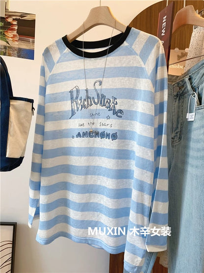 Colorful striped lightweight summer loose long-sleeved women's sun protection top Korean style fresh and fashionable T-shirt