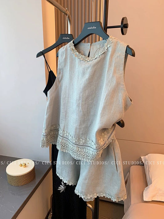 Haze blue lace embroidered linen vest suit for women summer 2025 new slim casual straight shorts two-piece suit