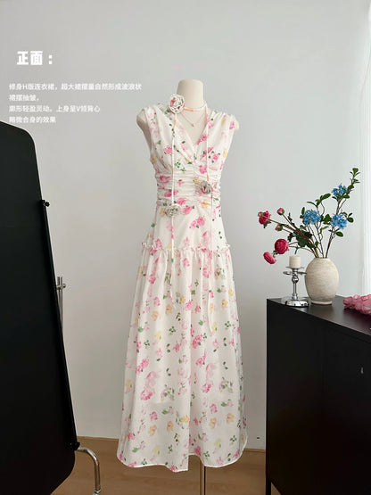 Youni French retro temperament, cool lady style niche design dress flower belt 2024 summer
