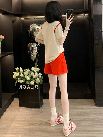 Fashionable and age-reducing casual sports suit for women 2025 summer lively and cute short-sleeved T-shirt red shorts two-piece suit