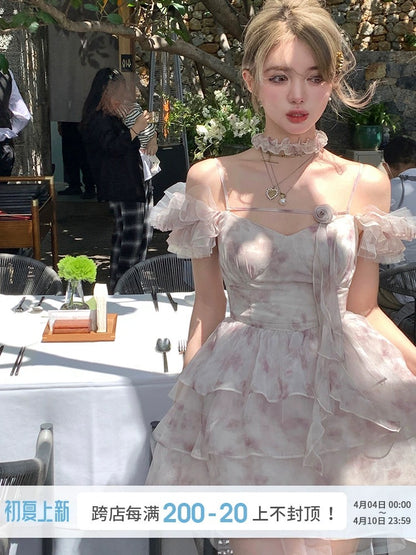 Acaine A Cai's drunken sweet berry jelly/skirt niche design romantic printed fairy suspender dress