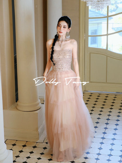 Dollytang sparkly sequined strapless pink fairy dress, coming-of-age party dress, morning robe for women.