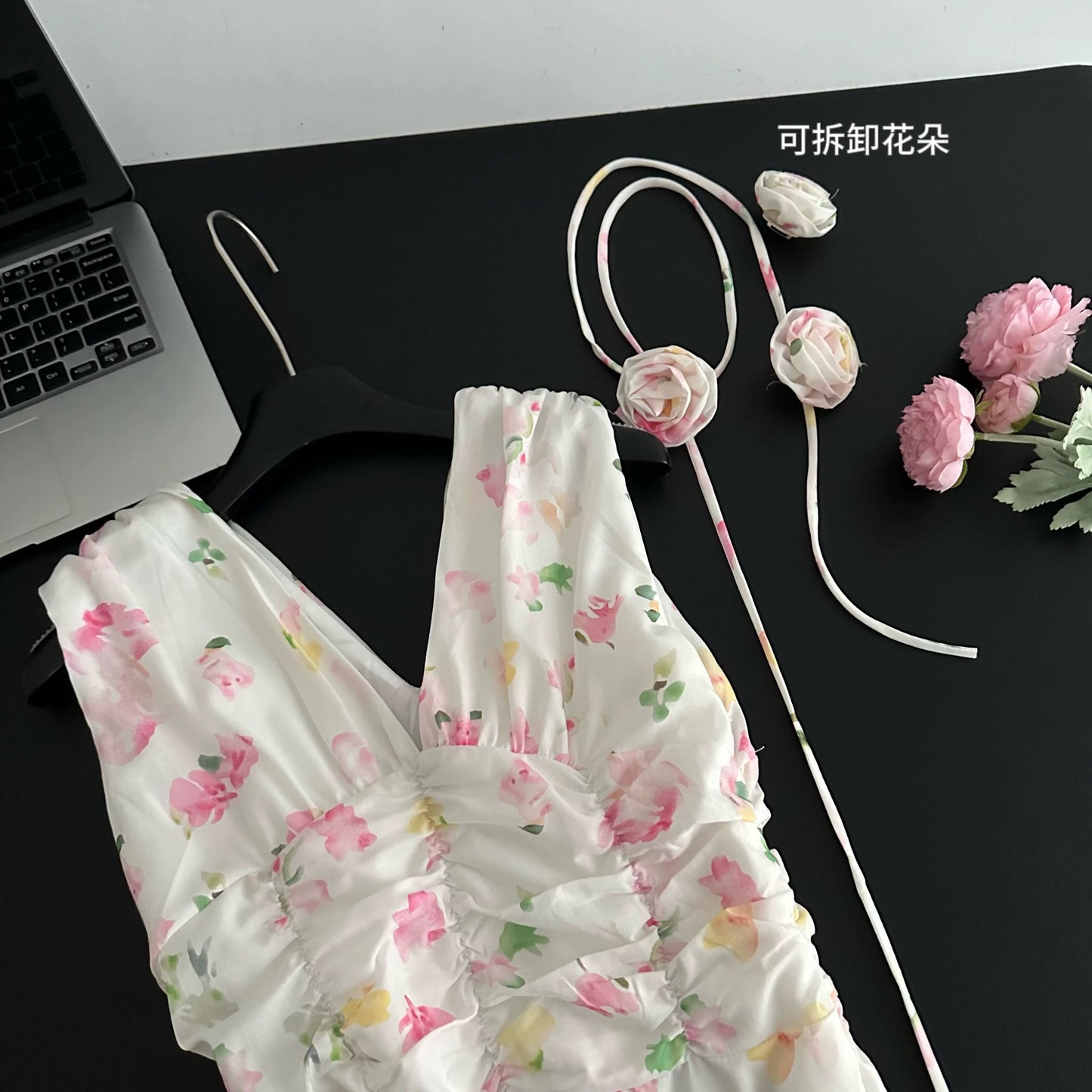 Youni French retro temperament, cool lady style niche design dress flower belt 2024 summer