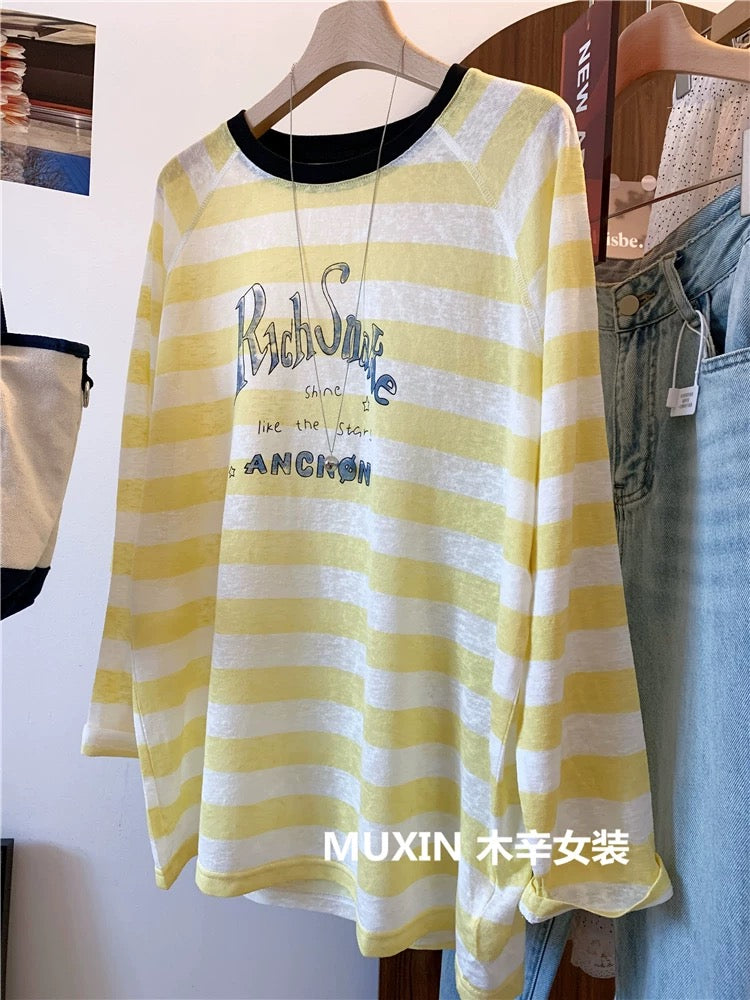 Colorful striped lightweight summer loose long-sleeved women's sun protection top Korean style fresh and fashionable T-shirt