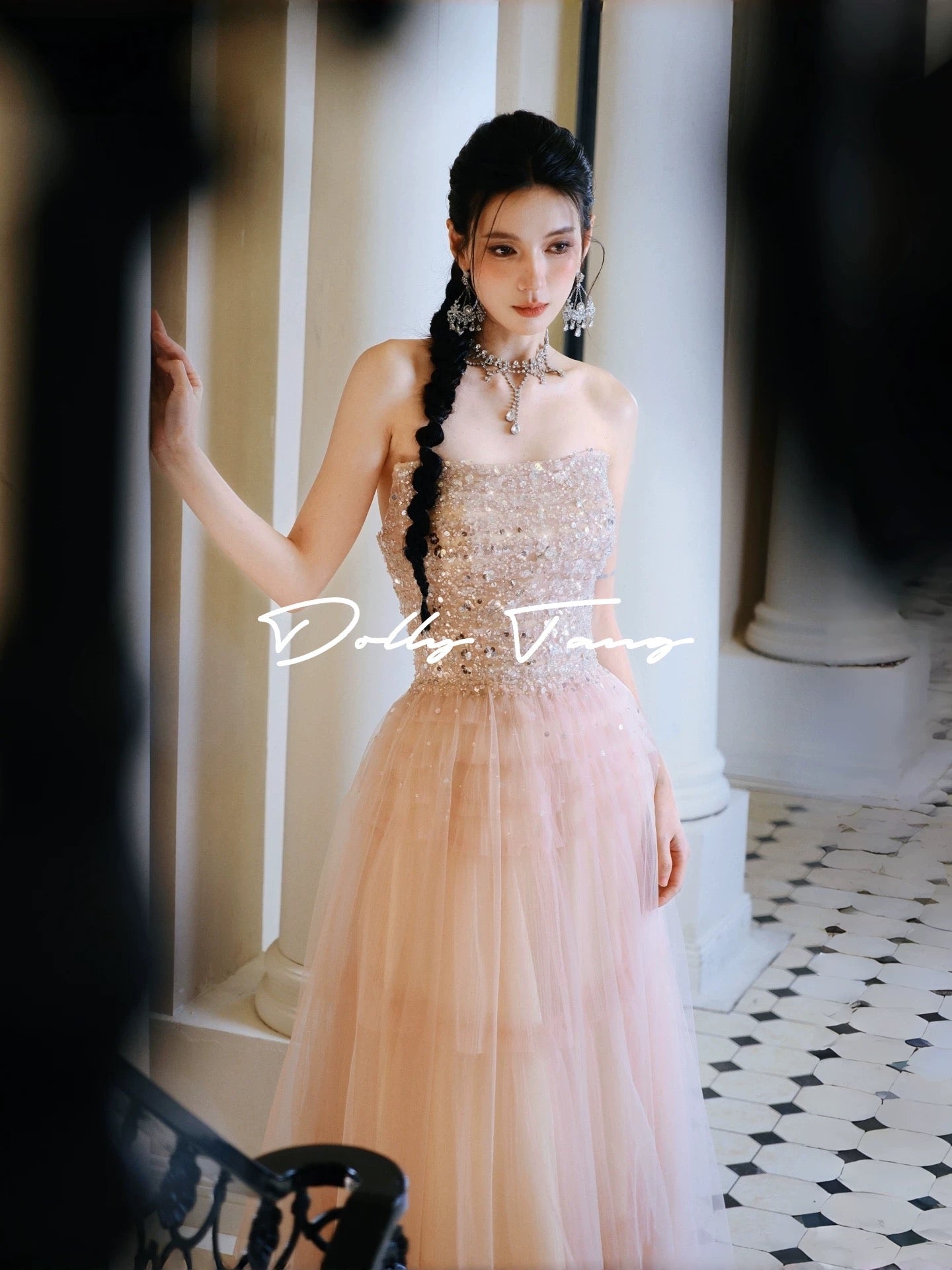 Dollytang sparkly sequined strapless pink fairy dress, coming-of-age party dress, morning robe for women.