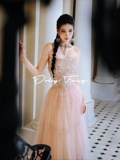Dollytang sparkly sequined strapless pink fairy dress, coming-of-age party dress, morning robe for women.