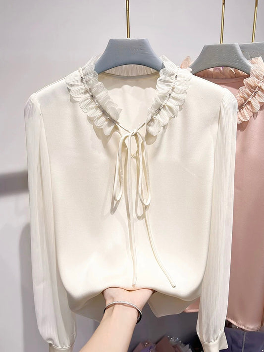 2024 new Korean temperament collar petal stitching nail beading lace pullover long-sleeved chiffon shirt top female spring