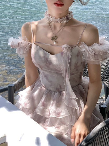 Acaine A Cai's drunken sweet berry jelly/skirt niche design romantic printed fairy suspender dress