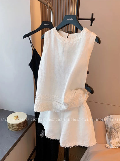 White embroidered lace linen vest suit for women summer slim holiday style slim high waist straight shorts two-piece suit