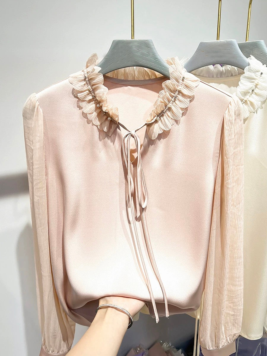 2024 new Korean temperament collar petal stitching nail beading lace pullover long-sleeved chiffon shirt top female spring