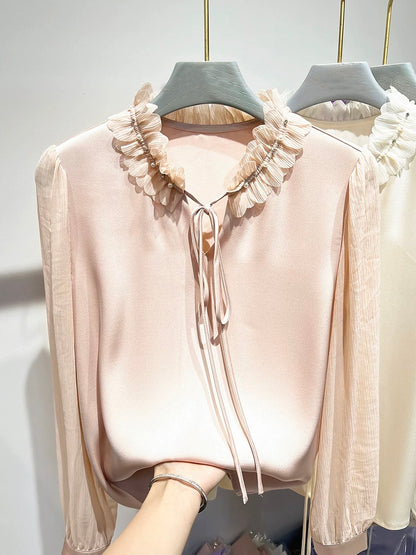 2024 new Korean temperament collar petal stitching nail beading lace pullover long-sleeved chiffon shirt top female spring