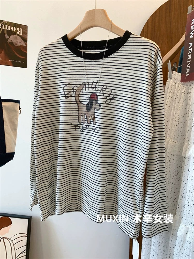 Red hat puppy print stripes fashionable youth Korean loose women's long-sleeved autumn T-shirt