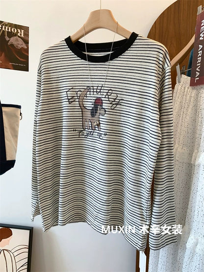 Red hat puppy print stripes fashionable youth Korean loose women's long-sleeved autumn T-shirt