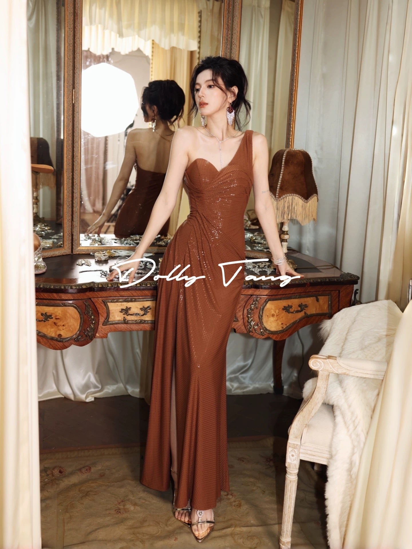 Dollytang Liquid Sculpture Dress with Fine Sequins, Flattering One-Shoulder Dress with Heavy-Duty Pleated Gown
