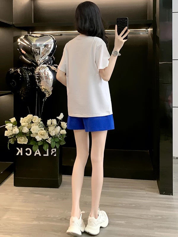 Lazy style outfit complete set for women 2025 summer fashion age-reducing white short-sleeved T-shirt blue shorts two-piece set