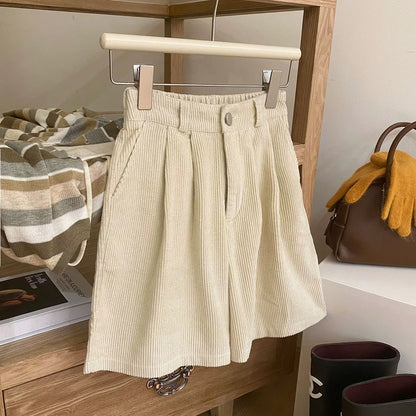 Retro Japanese-style retro corduroy wide-leg shorts for women in autumn and winter high-waisted loose and versatile temperament outer boot pants