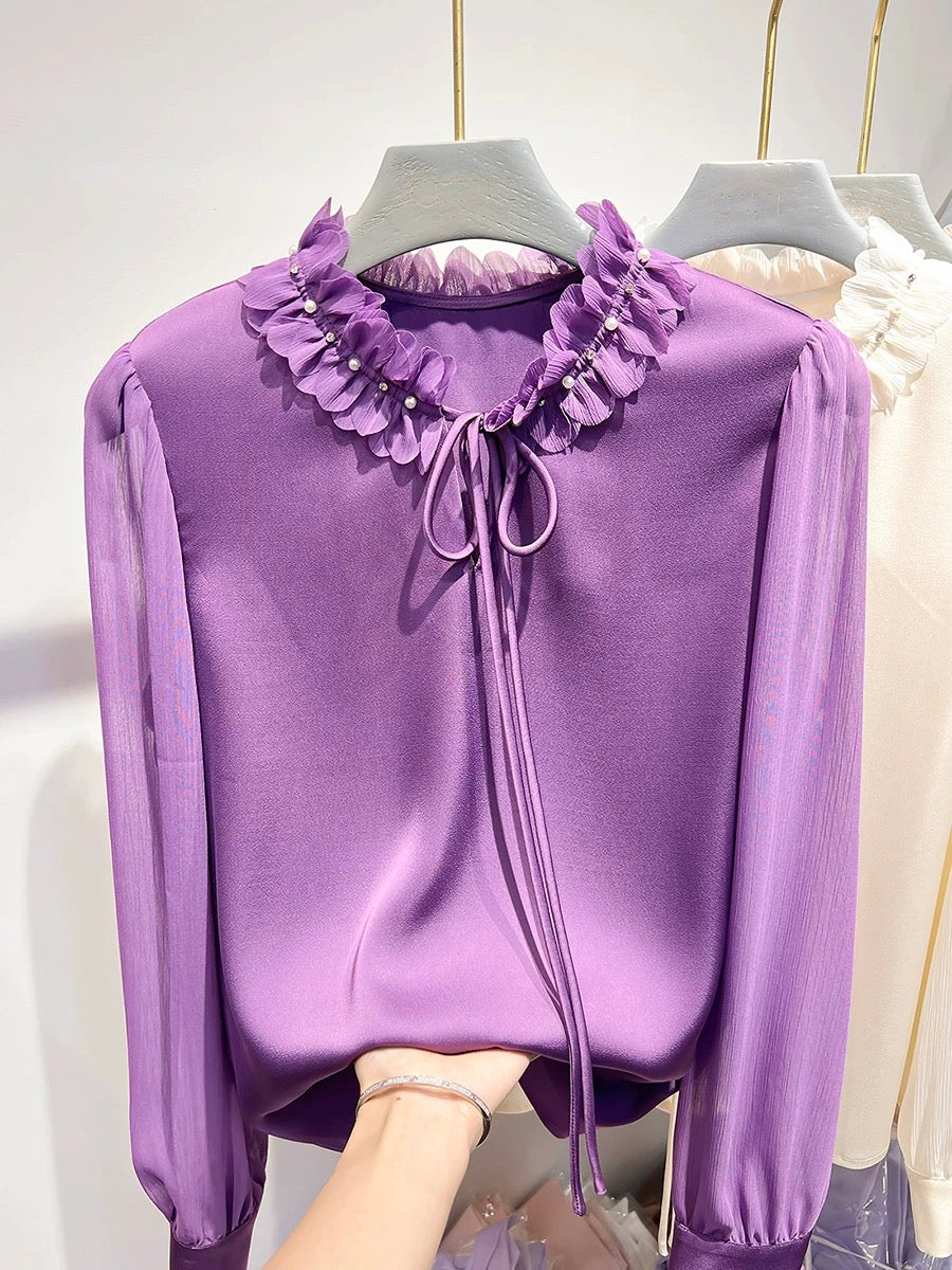 2024 new Korean temperament collar petal stitching nail beading lace pullover long-sleeved chiffon shirt top female spring