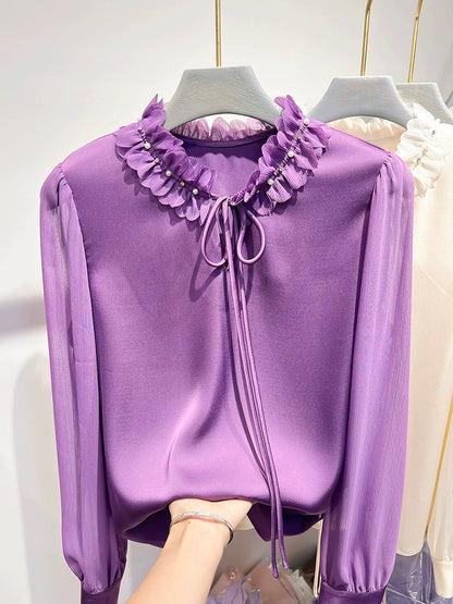 2024 new Korean temperament collar petal stitching nail beading lace pullover long-sleeved chiffon shirt top female spring