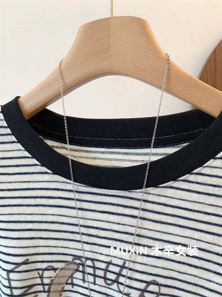 Red hat puppy print stripes fashionable youth Korean loose women's long-sleeved autumn T-shirt