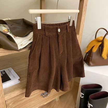 Retro Japanese-style retro corduroy wide-leg shorts for women in autumn and winter high-waisted loose and versatile temperament outer boot pants