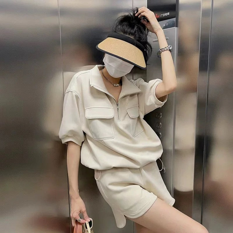 Casual sports suit for women summer 2024 new style fashionable high-end short-sleeved sweatshirt shorts two-piece set trendy