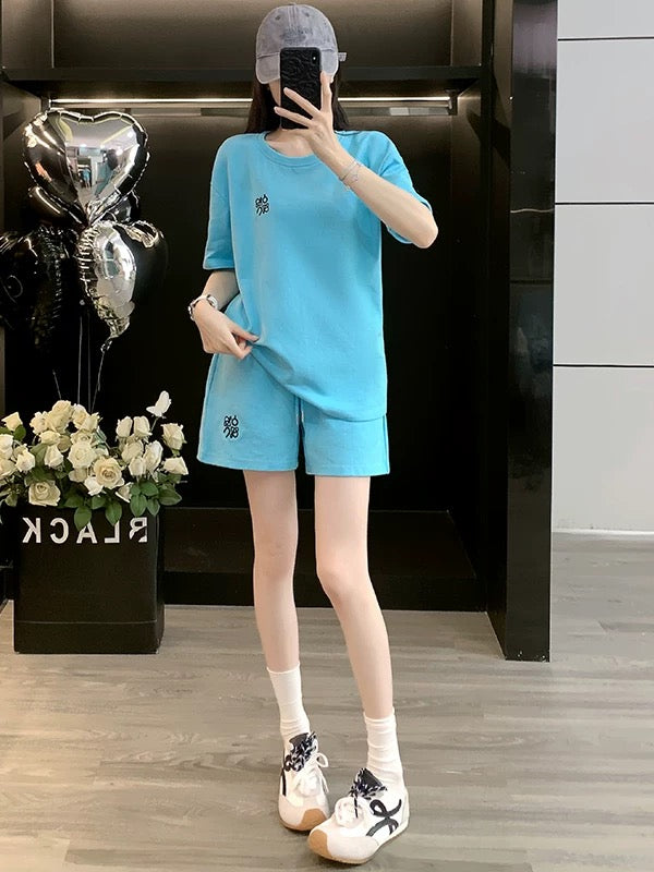 Salty outfit casual sports suit for women 2025 summer stylish age-reducing blue short-sleeved T-shirt shorts two-piece suit