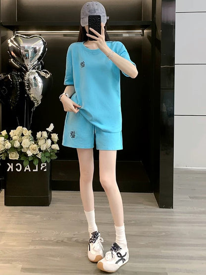 Salty outfit casual sports suit for women 2025 summer stylish age-reducing blue short-sleeved T-shirt shorts two-piece suit
